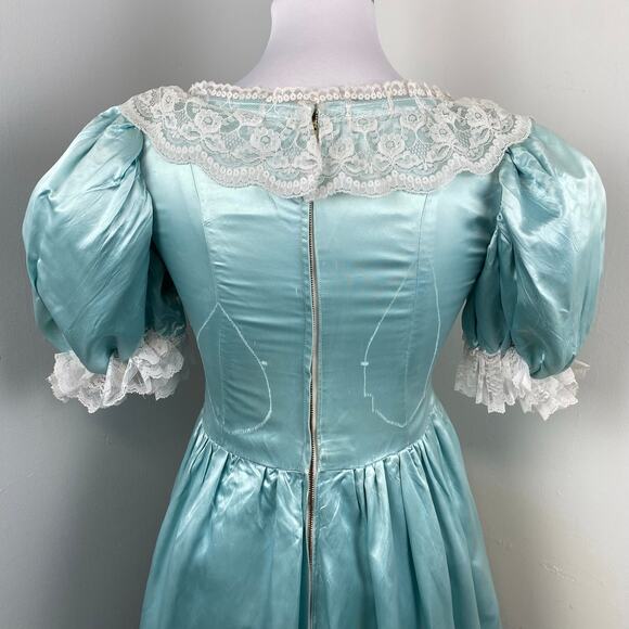 Vintage Broadway Theater Victorian Blue Satin Lace Dress Wedding XS Authentic - Picture 8 of 14